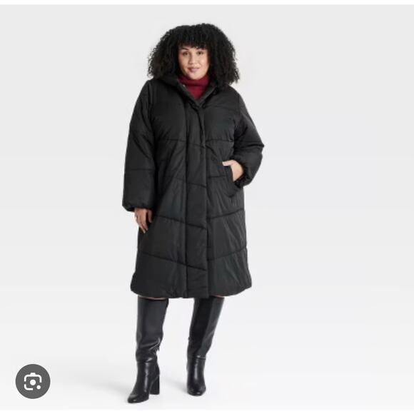 Ava and Viv 1X Long Puffer Coat Jacket Black NEW Minimalist Plus Size - Picture 1 of 10